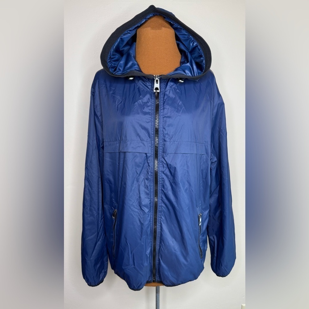 Guess Navy Blue Hooded Rain Jacket Full Zip Front Size Large